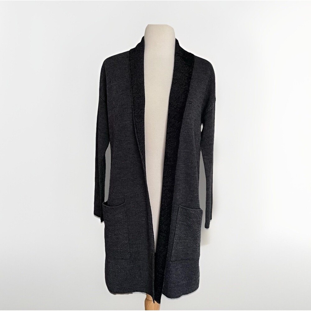Eileen Fisher Size XXS Long Open Front Cardigan 100% Ultra Fine Merino Wool Gray